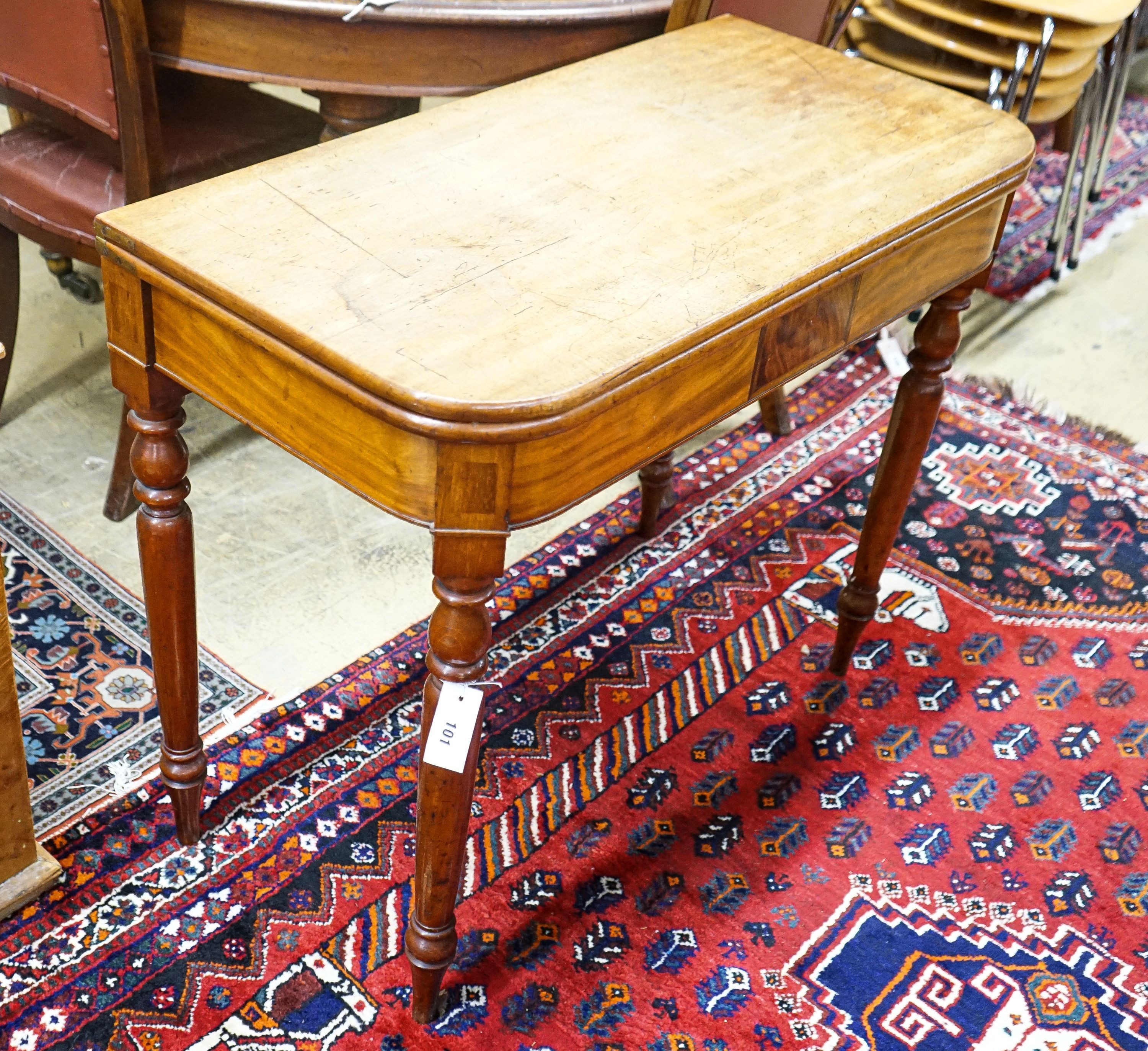 A George IV faded mahogany rectangular folding tea table, width 90cm, depth 45cm, height 76cm